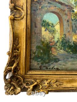 Georges Deloy 1856–1930 oil on panel lively village scene gilded frame painting