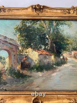 Georges Deloy 1856–1930 oil on panel lively village scene gilded frame painting