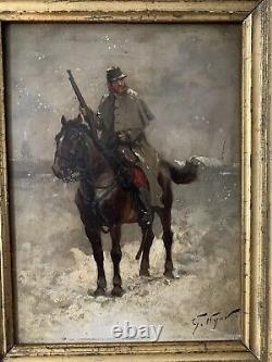 Georges-louis Hyon Painter Oil Painting On Hussard Wood On Horseback Under The Snow