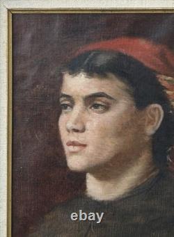 Girl Portrait Original Antique 1930s Oil Painting, Framed