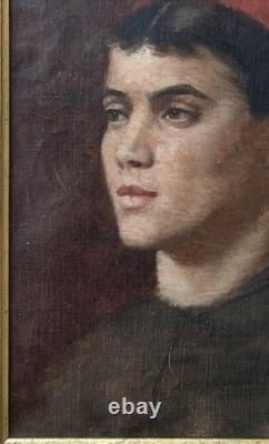 Girl Portrait Original Antique 1930s Oil Painting, Framed