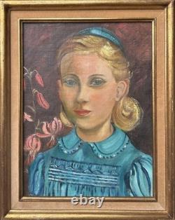 Girl Portrait Original Antique Oil Painting, 1950s, Handmade, Paris School