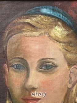 Girl Portrait Original Antique Oil Painting, 1950s, Handmade, Paris School