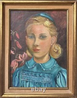 Girl Portrait Original Antique Oil Painting, 1950s, Handmade, Paris School