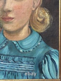Girl Portrait Original Antique Oil Painting, 1950s, Handmade, Paris School