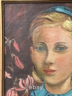 Girl Portrait Original Antique Oil Painting, 1950s, Handmade, Paris School