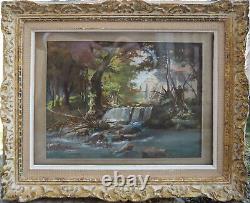 Gouache Painting Romantic Xix° Century The Waterfall In Wood And Ruins