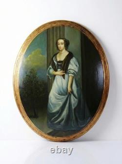 Grand elegant portrait medallion oil on curved wood, vintage Venetian