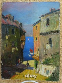 Great & Luminous Painting 1940. Rue Animée De Villefranche-sur-mer. Signed