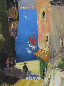 Great & Luminous Painting 1940. Rue Animée De Villefranche-sur-mer. Signed