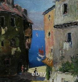 Great & Luminous Painting 1940. Rue Animée De Villefranche-sur-mer. Signed