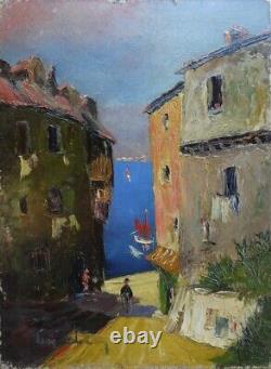 Great & Luminous Painting 1940. Rue Animée De Villefranche-sur-mer. Signed