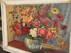 Great Old Tableau. Bouquet Of Flowers. Oil Painting On Wood Panel