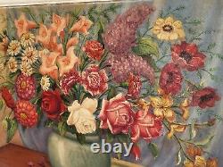 Great Old Tableau. Bouquet Of Flowers. Oil Painting On Wood Panel