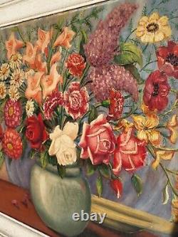 Great Old Tableau. Bouquet Of Flowers. Oil Painting On Wood Panel