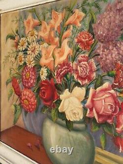 Great Old Tableau. Bouquet Of Flowers. Oil Painting On Wood Panel