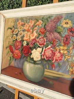 Great Old Tableau. Bouquet Of Flowers. Oil Painting On Wood Panel