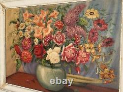 Great Old Tableau. Bouquet Of Flowers. Oil Painting On Wood Panel