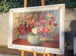 Great Old Tableau. Bouquet Of Flowers. Oil Painting On Wood Panel