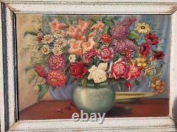 Great Old Tableau. Bouquet Of Flowers. Oil Painting On Wood Panel