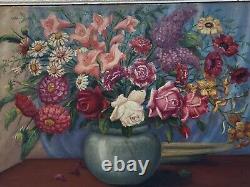 Great Old Tableau. Bouquet Of Flowers. Oil Painting On Wood Panel