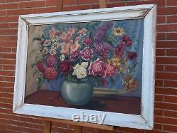 Great Old Tableau. Bouquet Of Flowers. Oil Painting On Wood Panel