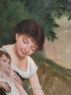 Hand Painted Square Mother and Daughter Scene Oil on Canvas 60x90 With Wooden Frame