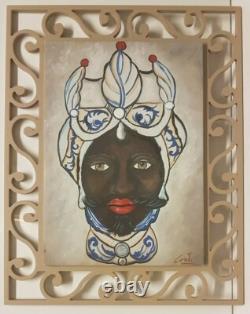 Hand-Painted Square Oil on Canvas with Wooden Frame and Moor's Head Sicily