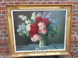 Haton. Table Oil Painting Bouquet Of Flowers Frame Restoration. 81cm X 97cm