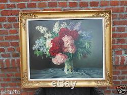 Haton. Table Oil Painting Bouquet Of Flowers Frame Restoration. 81cm X 97cm