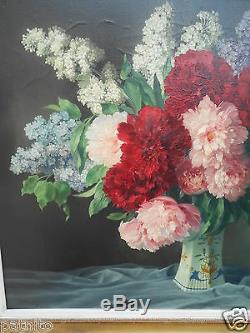 Haton. Table Oil Painting Bouquet Of Flowers Frame Restoration. 81cm X 97cm