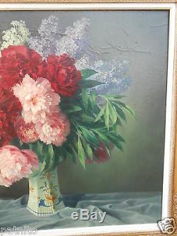 Haton. Table Oil Painting Bouquet Of Flowers Frame Restoration. 81cm X 97cm