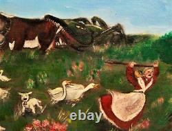 Horrified Berger. Poya. Oil On Wood Painting Signed Girard. Table 41x101 CM