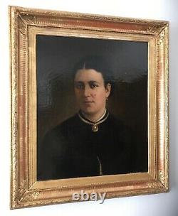 Hst Oil On Canvas Portrait Of Woman With Jewels Frame Gilded Wood 19th Century