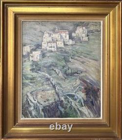 Impressionist Antique Original Oil Painting of a Mountain Village Landscape, Framed