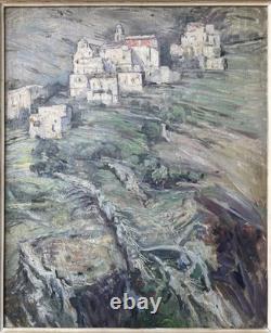 Impressionist Antique Original Oil Painting of a Mountain Village Landscape, Framed
