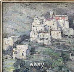 Impressionist Antique Original Oil Painting of a Mountain Village Landscape, Framed