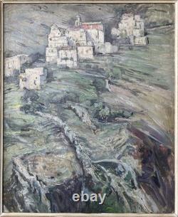 Impressionist Antique Original Oil Painting of a Mountain Village Landscape, Framed