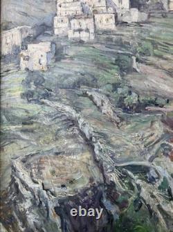 Impressionist Antique Original Oil Painting of a Mountain Village Landscape, Framed