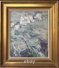 Impressionist Antique Original Oil Painting of a Mountain Village Landscape, Framed