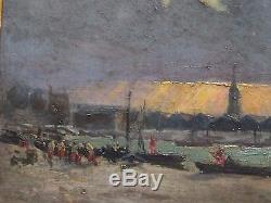 Impressionist Painting Signed Emile Cagniart, Animated Port, Circa 1880