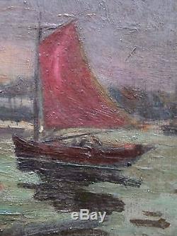 Impressionist Painting Signed Emile Cagniart, Animated Port, Circa 1880