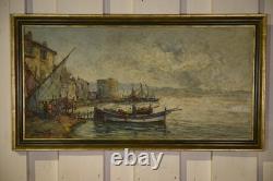 Impressionist Painting on Wood Fishing Port by Maurice Barle 20th Century