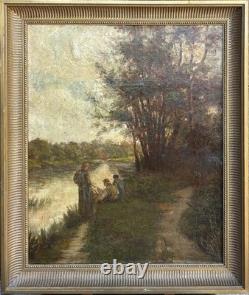 Impressionist Scene with Fisherman, Landscape, Nature, Antique Original Oil, Framed