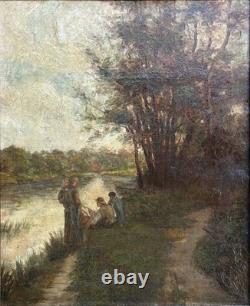 Impressionist Scene with Fisherman, Landscape, Nature, Antique Original Oil, Framed