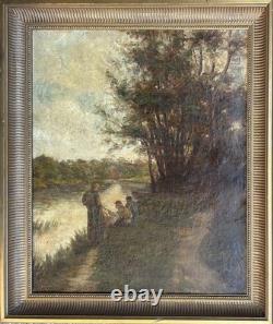 Impressionist Scene with Fisherman, Landscape, Nature, Antique Original Oil, Framed