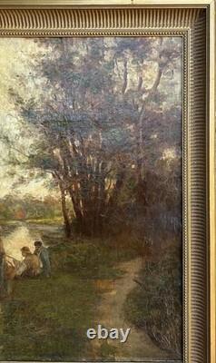 Impressionist Scene with Fisherman, Landscape, Nature, Antique Original Oil, Framed