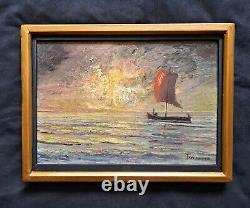 Impressionist oil painting on wood, signed seascape + 4 new CDs