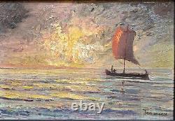 Impressionist oil painting on wood, signed seascape + 4 new CDs