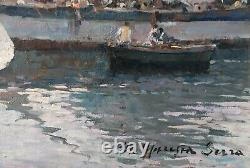 Italian Port Marine Scene with Sailboats Impressionist Oil Painting Signed